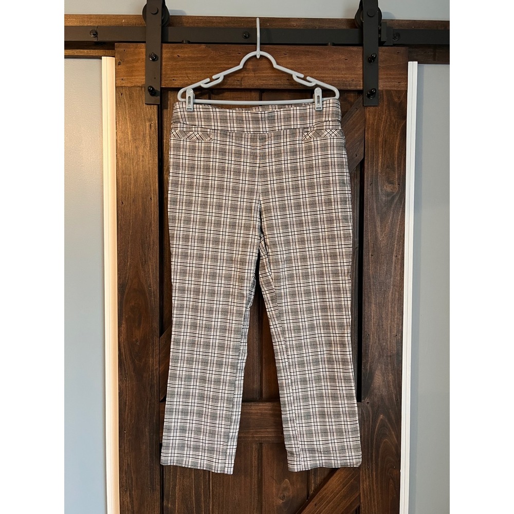 Kim Rogers Womens Plaid Pull On Dress Pants Black White Gray Straight Leg 14S - Picture 2 of 14